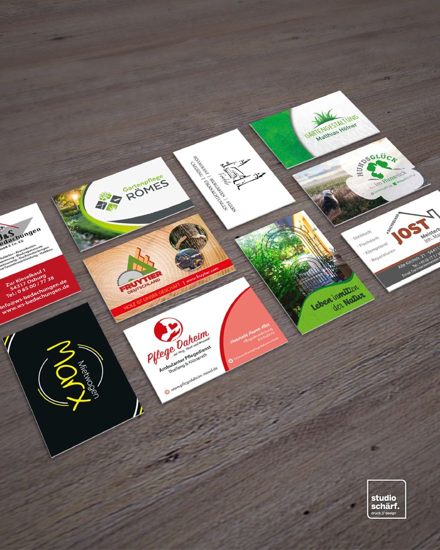 Visitenkarten-Designs für Kunden aus der Region, u. a. Gartenpflege Römes, Fruytier, Pflege Daheim, Mietwagen Marx und Dachdecker Jost