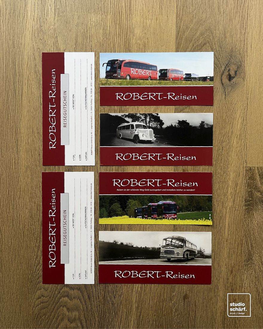 Reisegutscheine und Lesezeichen für Robert-Reisen