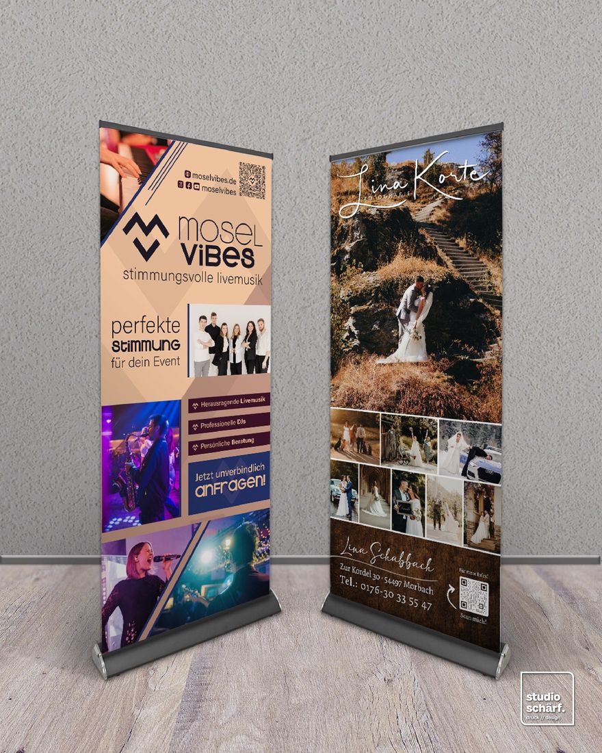 Zwei Roll-ups, u. a. für die Band Mosel Vibes